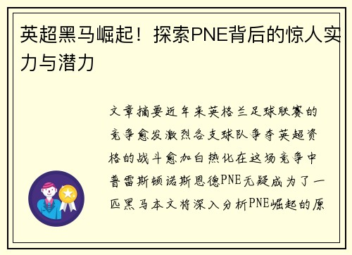 英超黑马崛起!探索PNE背后的惊人实力与潜力 英超黑马崛起!探索PNE背后的惊人实力与潜力